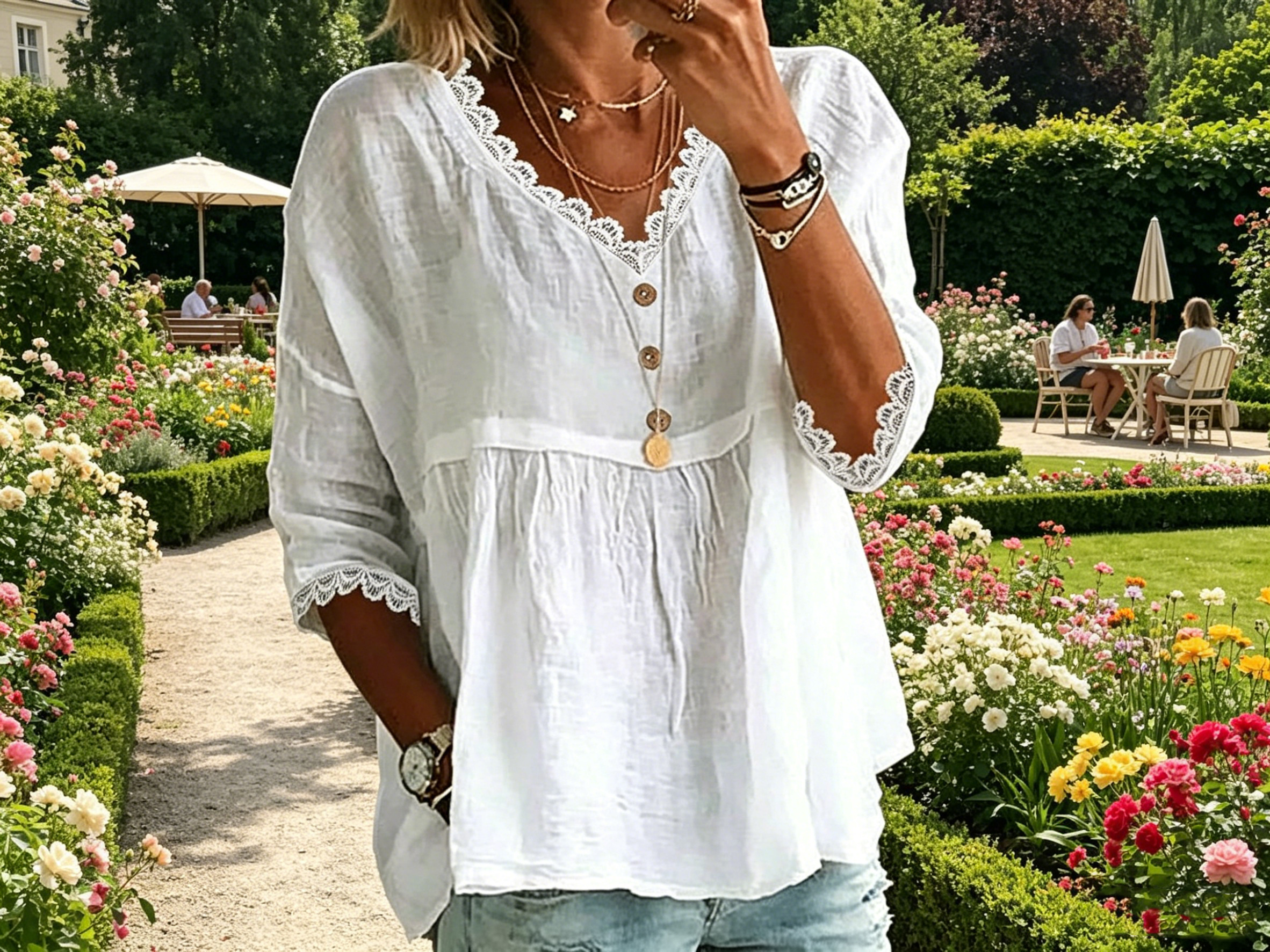 Damen-Spitzenoberteil/Bluse mit 3/4-Ärmeln und V-Ausschnitt
