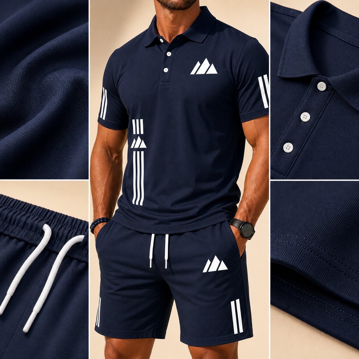 Detailansichten von Stoff, Polo-Kragen, Kordelzug und Nähten