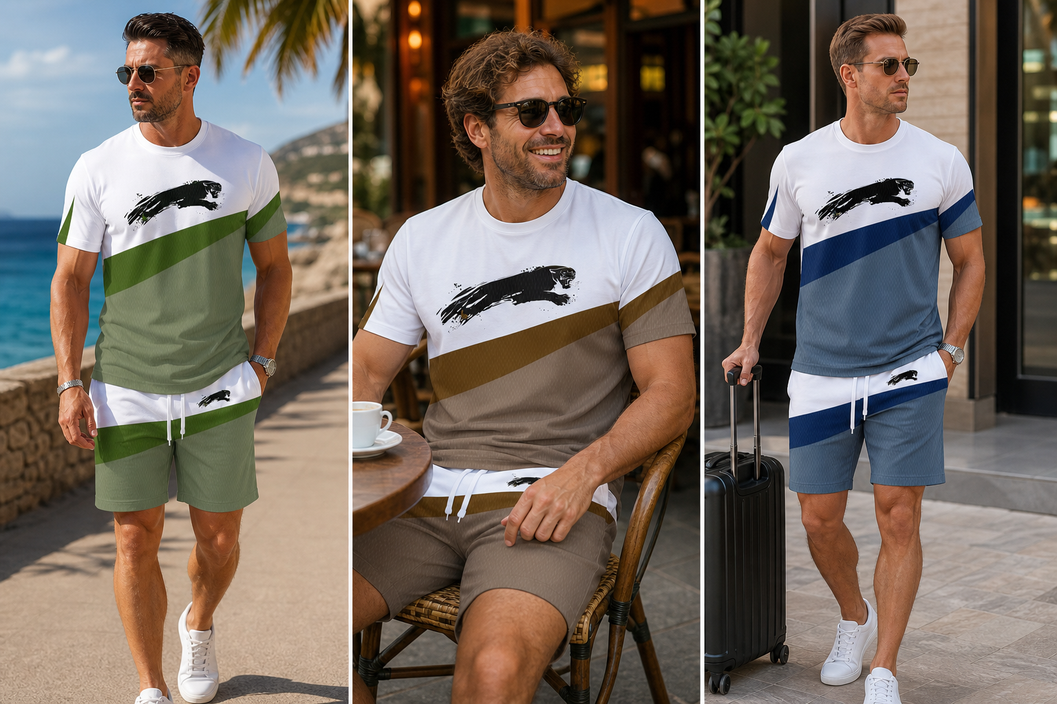 Drei Männer tragen das T-Shirt-Set am Meer, im Café und auf Reisen