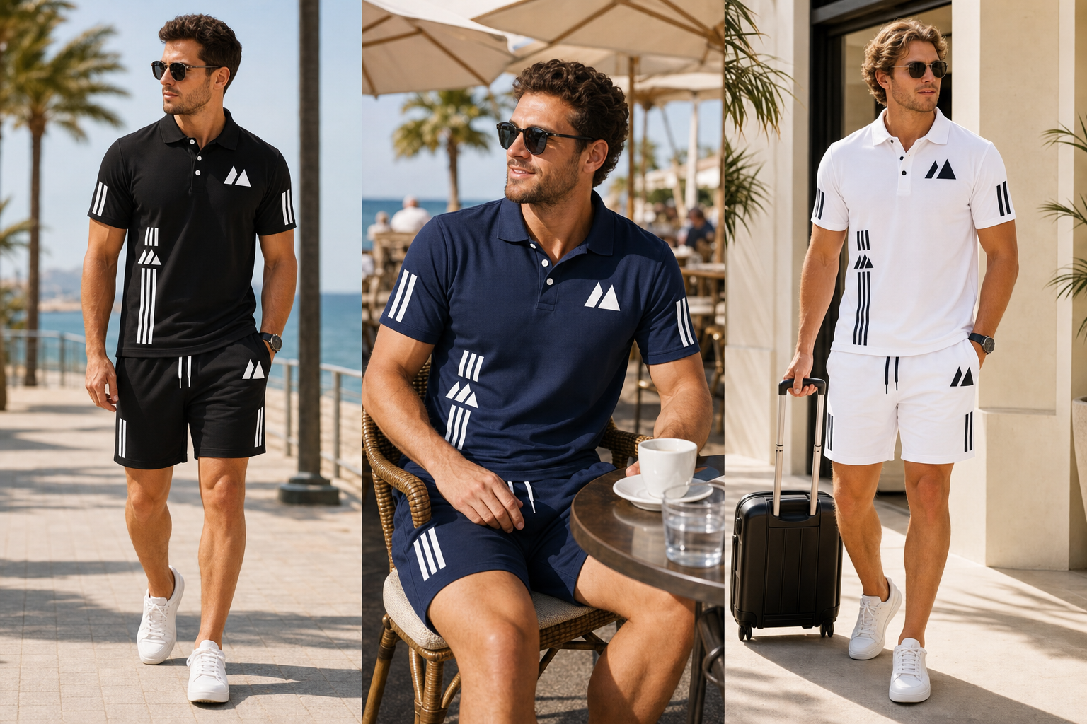 Drei Männer tragen das Polo-Shirt-und-Shorts-Set am Meer, im Café und auf Reisen