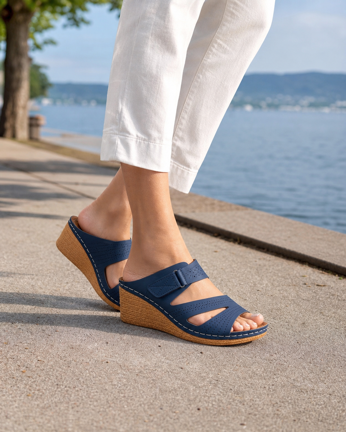 Blaue Keilsandalen bei einem Spaziergang am See