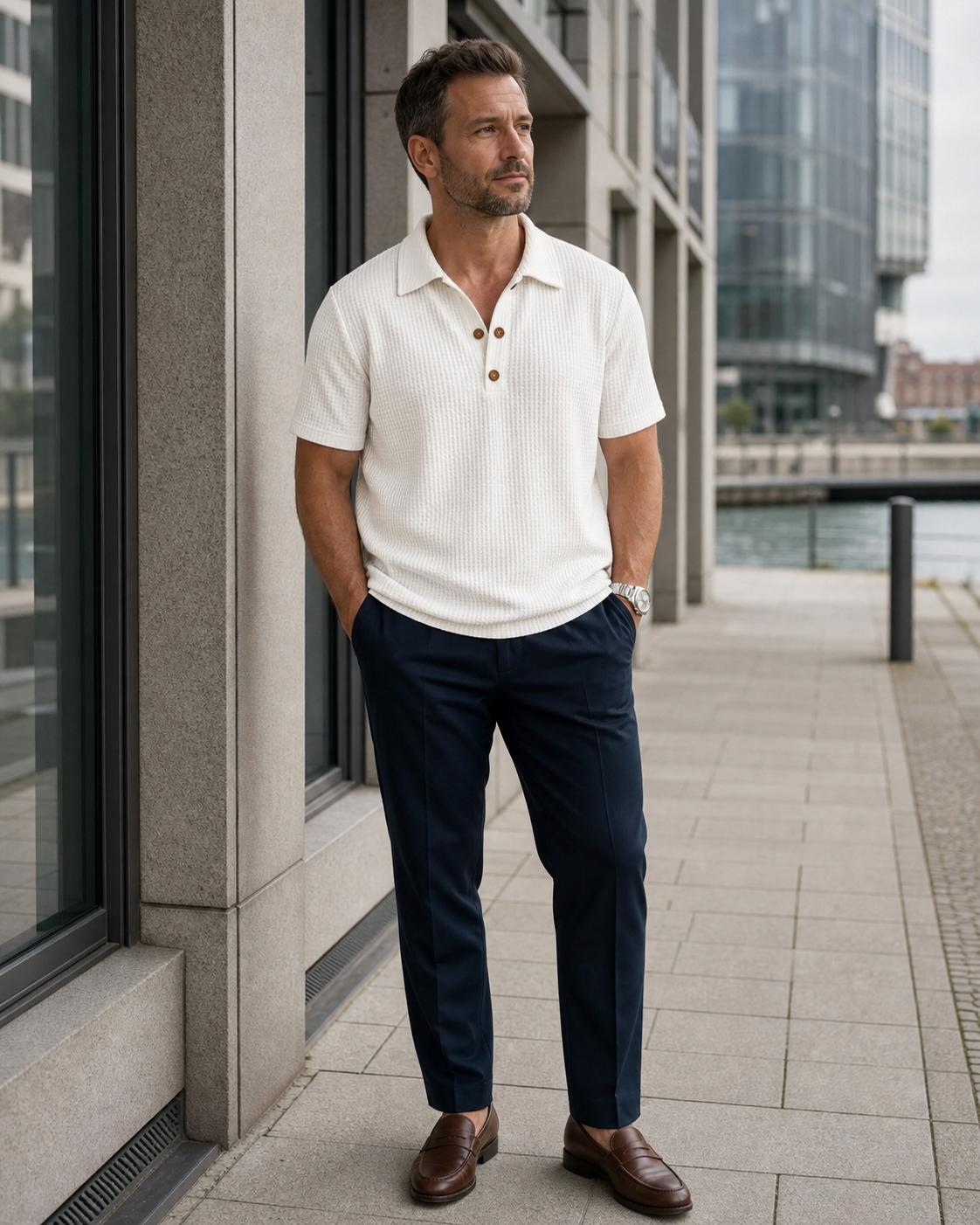Männliches Model trägt das weiße Waffelhemd als Business-Casual-Kombination