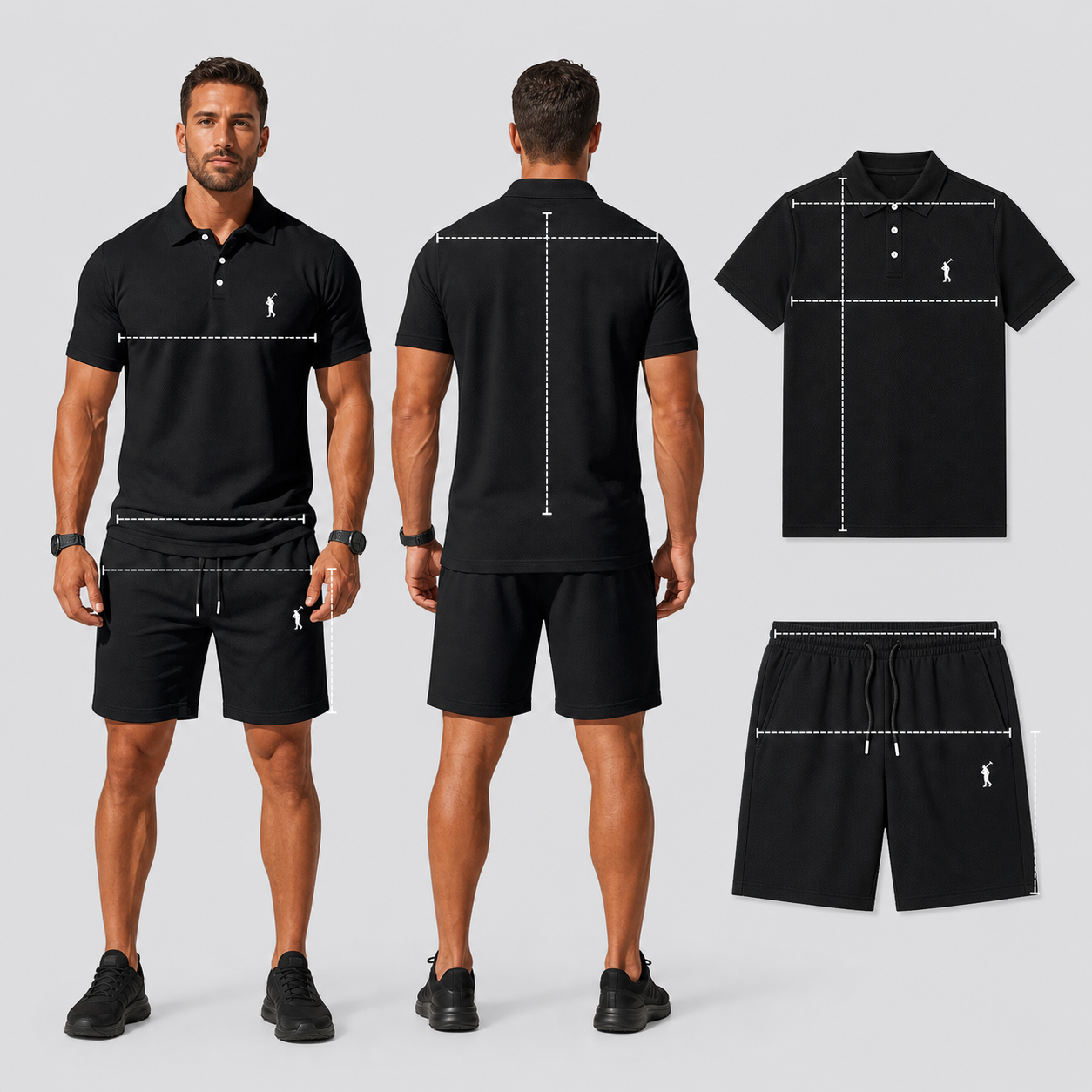 Vorder- und Rückansicht des Polo-Sets mit Messlinien