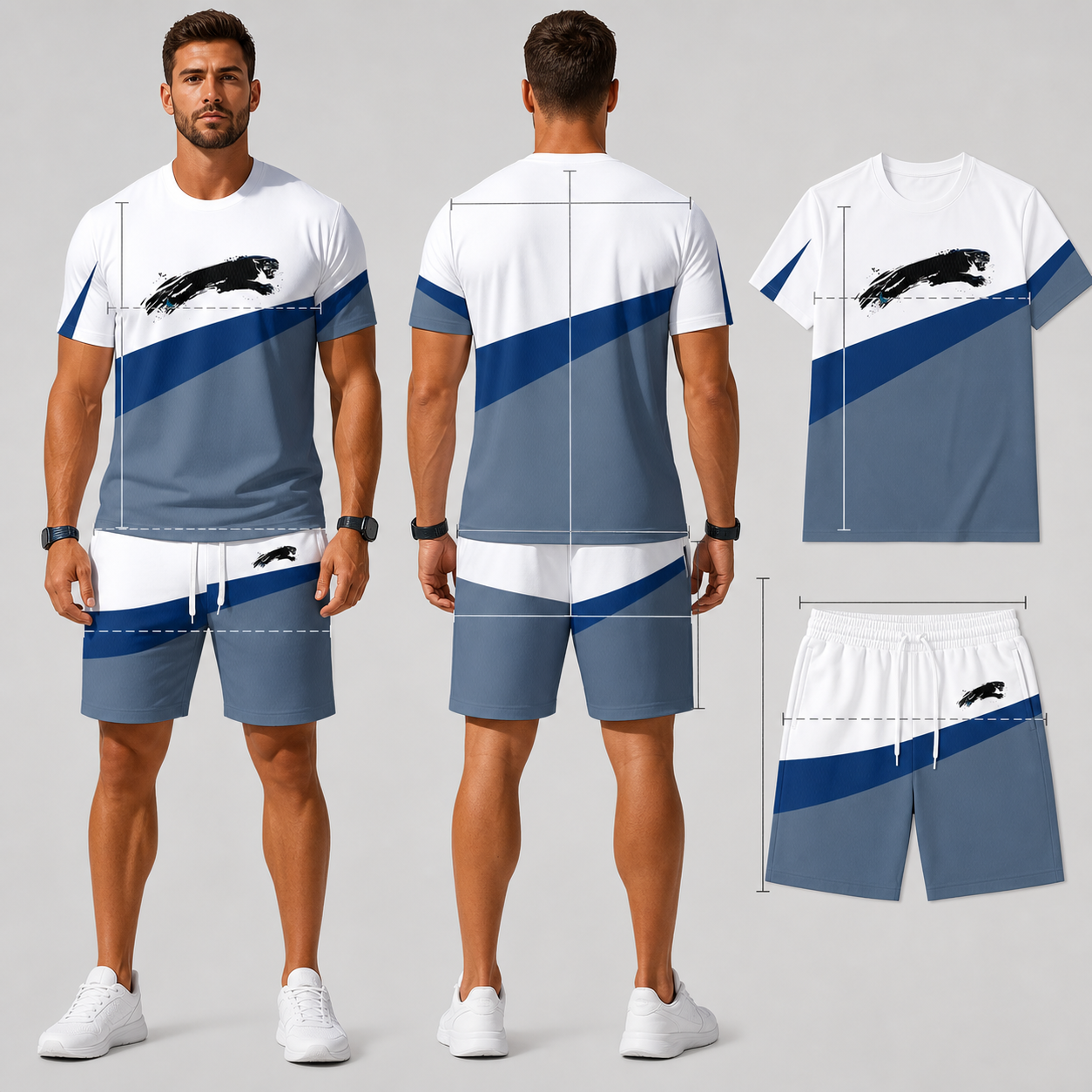 Vorder- und Rückansicht des T-Shirt-Sets mit Messlinien