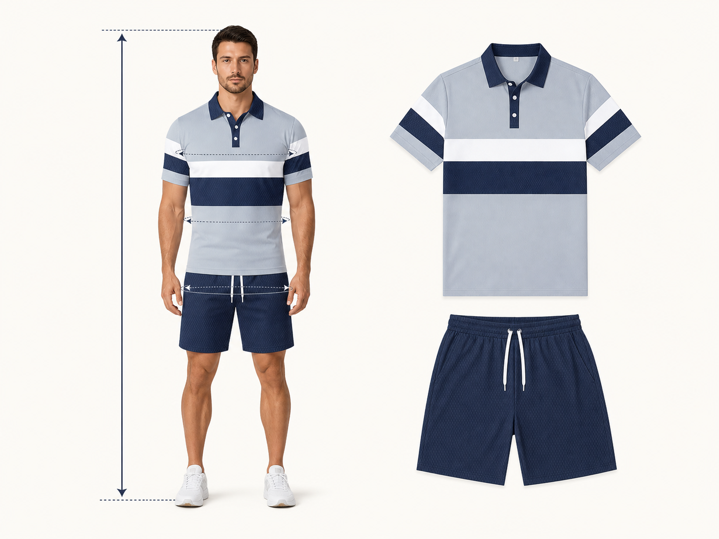 Messlinien am Model sowie Polo-Shirt und Shorts als Bekleidungsvorlage
