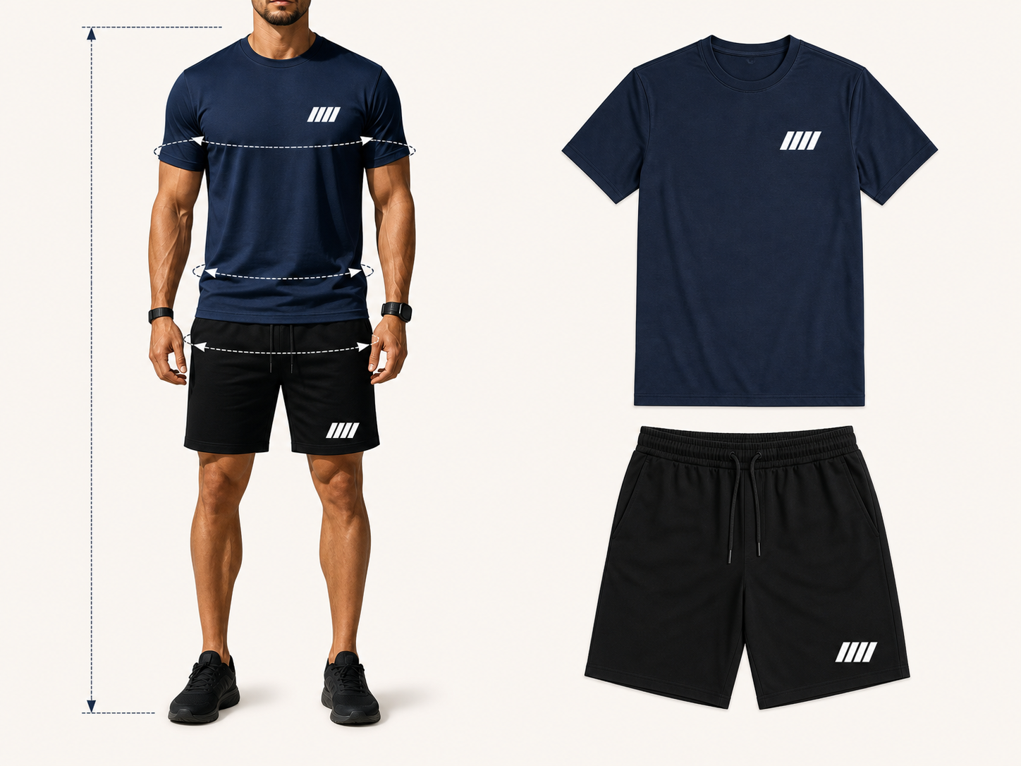 Messlinien am Model sowie Rundhals-Shirt und Shorts als Bekleidungsvorlage