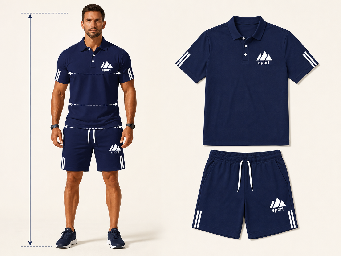 Messlinien am Model sowie Polo-Shirt und Shorts als Bekleidungsvorlage