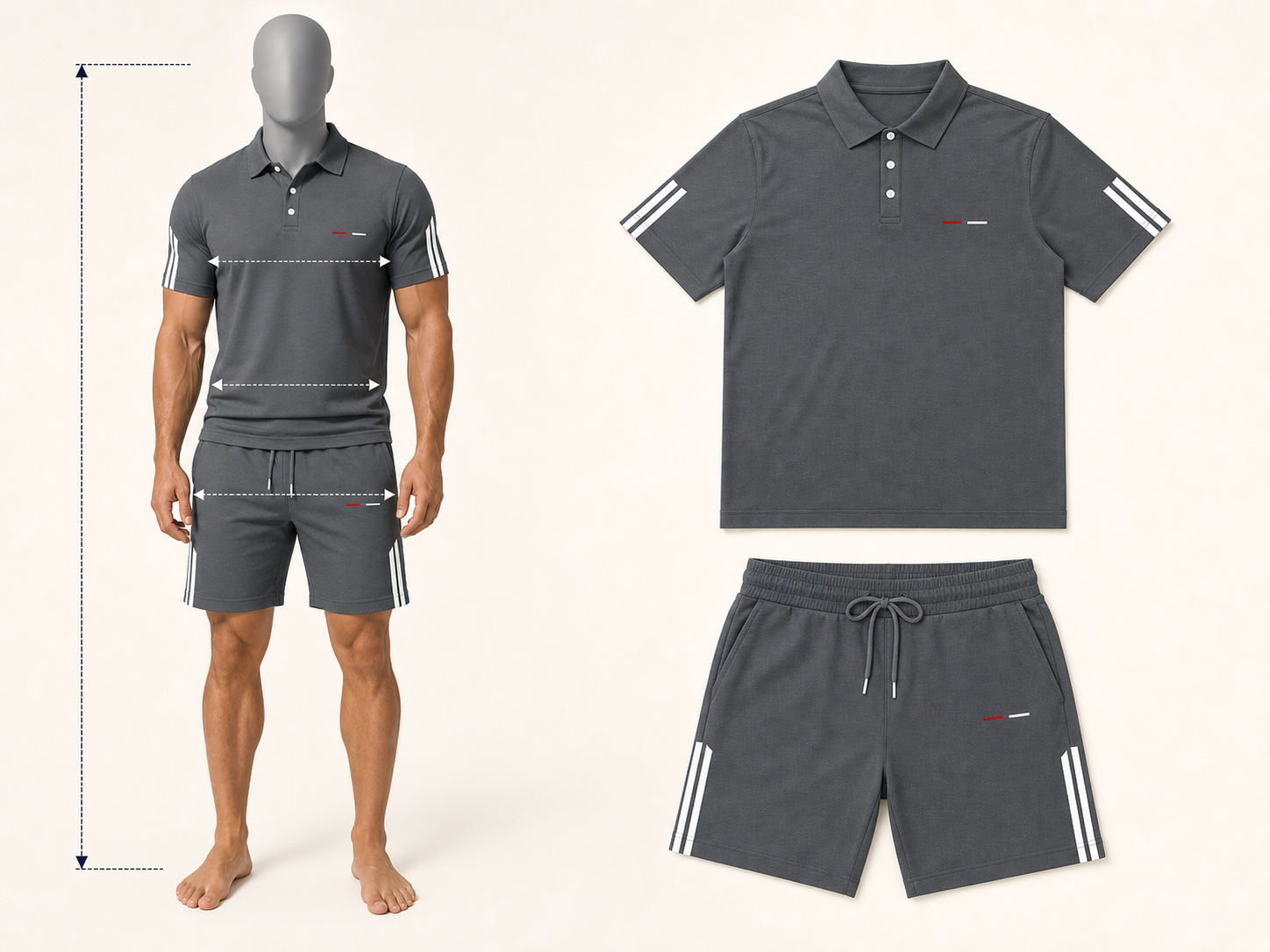 Messlinien am Model sowie Polo-Shirt und Shorts als Bekleidungsvorlage