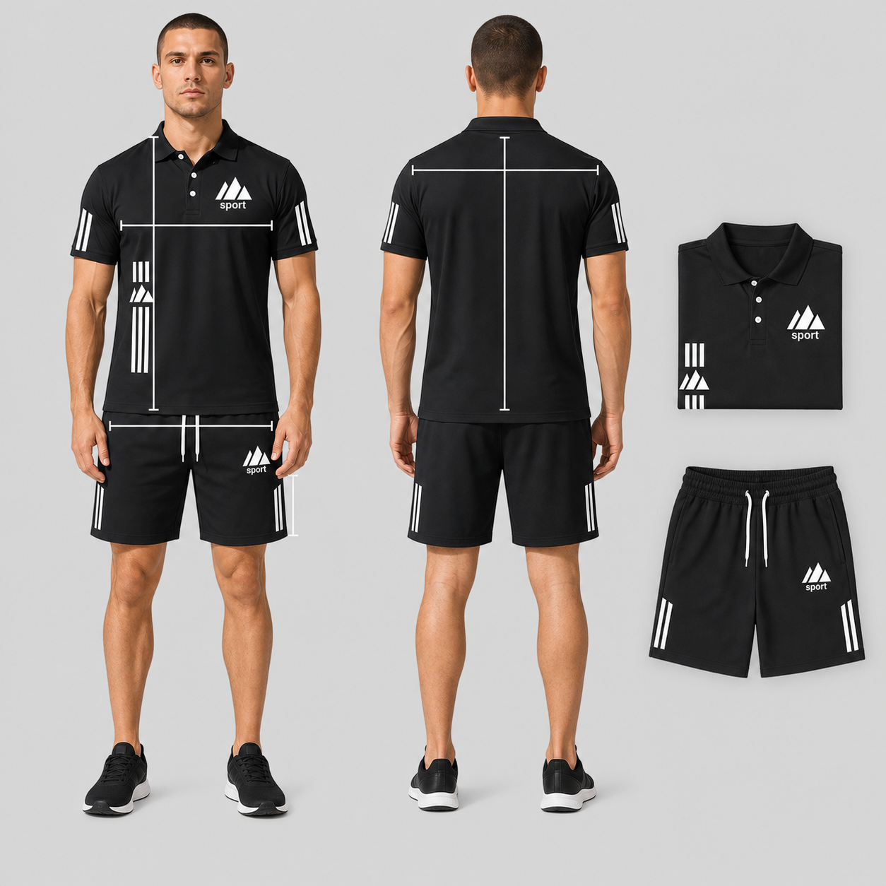 Vorder- und Rückansicht mit Messlinien für Polo-Shirt und Shorts