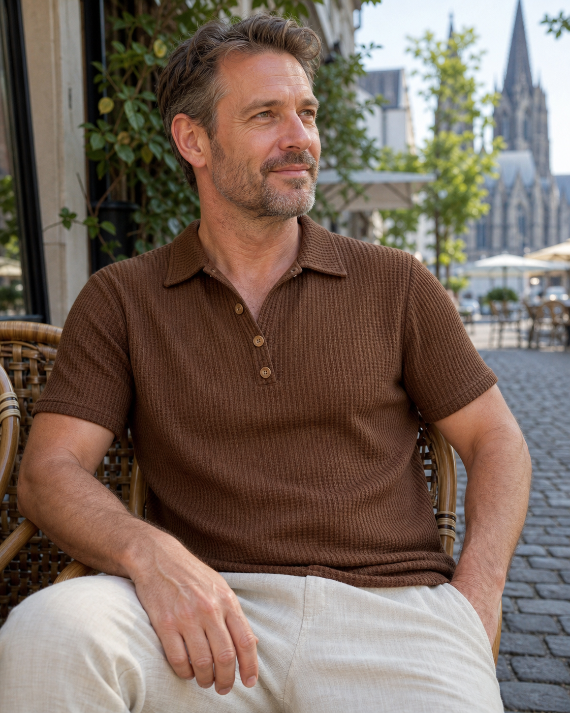Trageinspiration: Braunes Herren-Waffelhemd – Kaffeepause in Köln