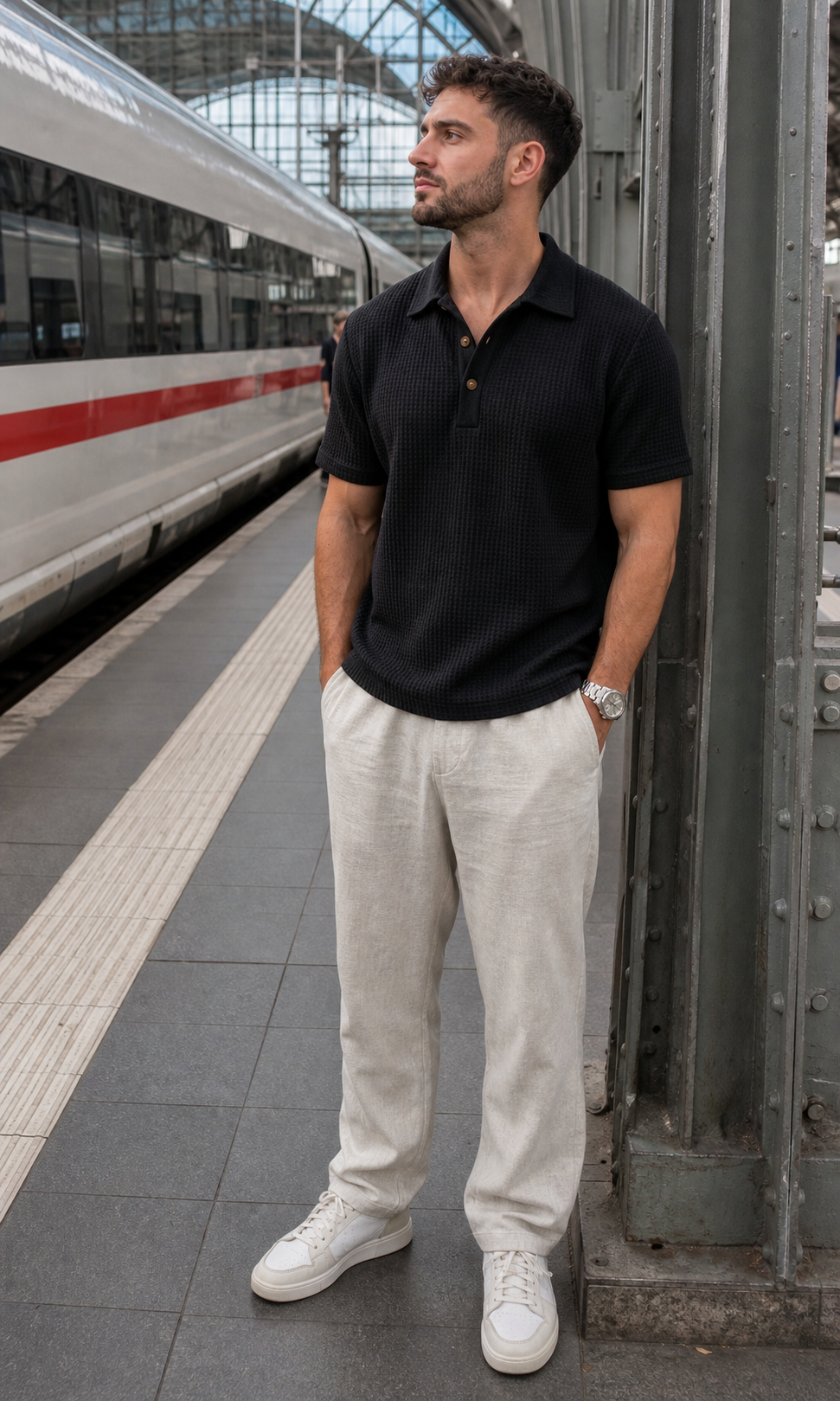 Trageinspiration: Schwarzes Herren-Waffelhemd – Unterwegs in Frankfurt