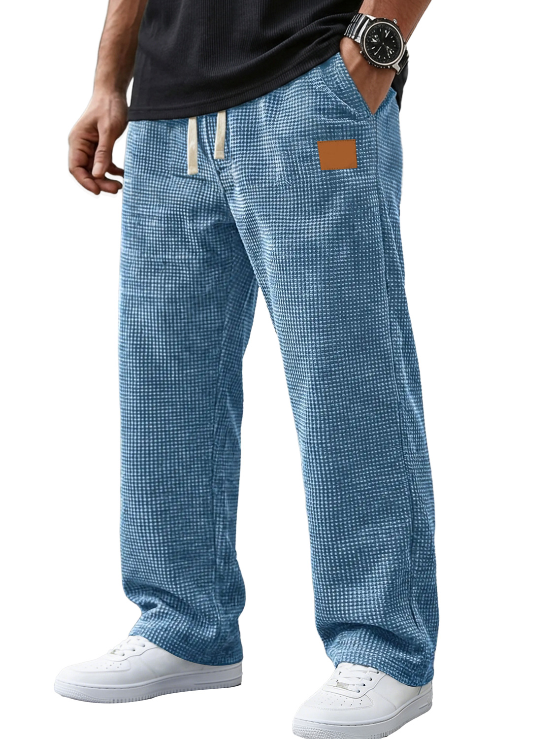Herren Vintage Corduroy Waffelgewebe Besticktes Lederlabel Freizeit-Hosen