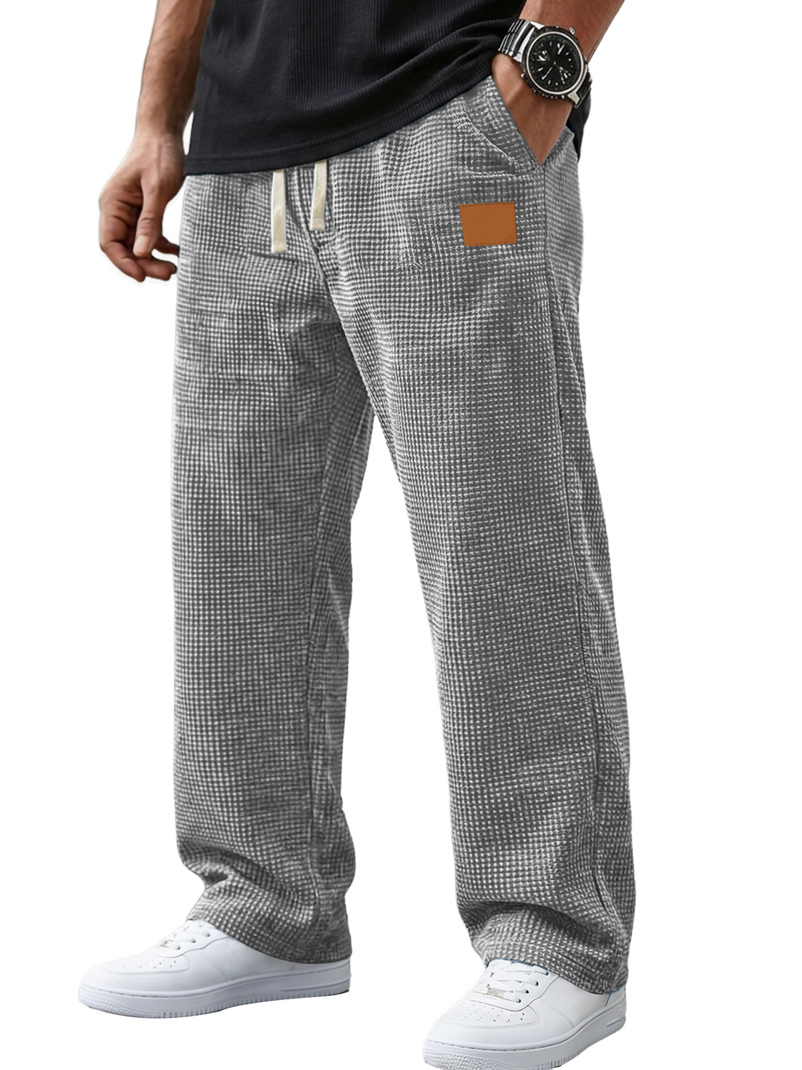 Herren Vintage Corduroy Waffelgewebe Besticktes Lederlabel Freizeit-Hosen