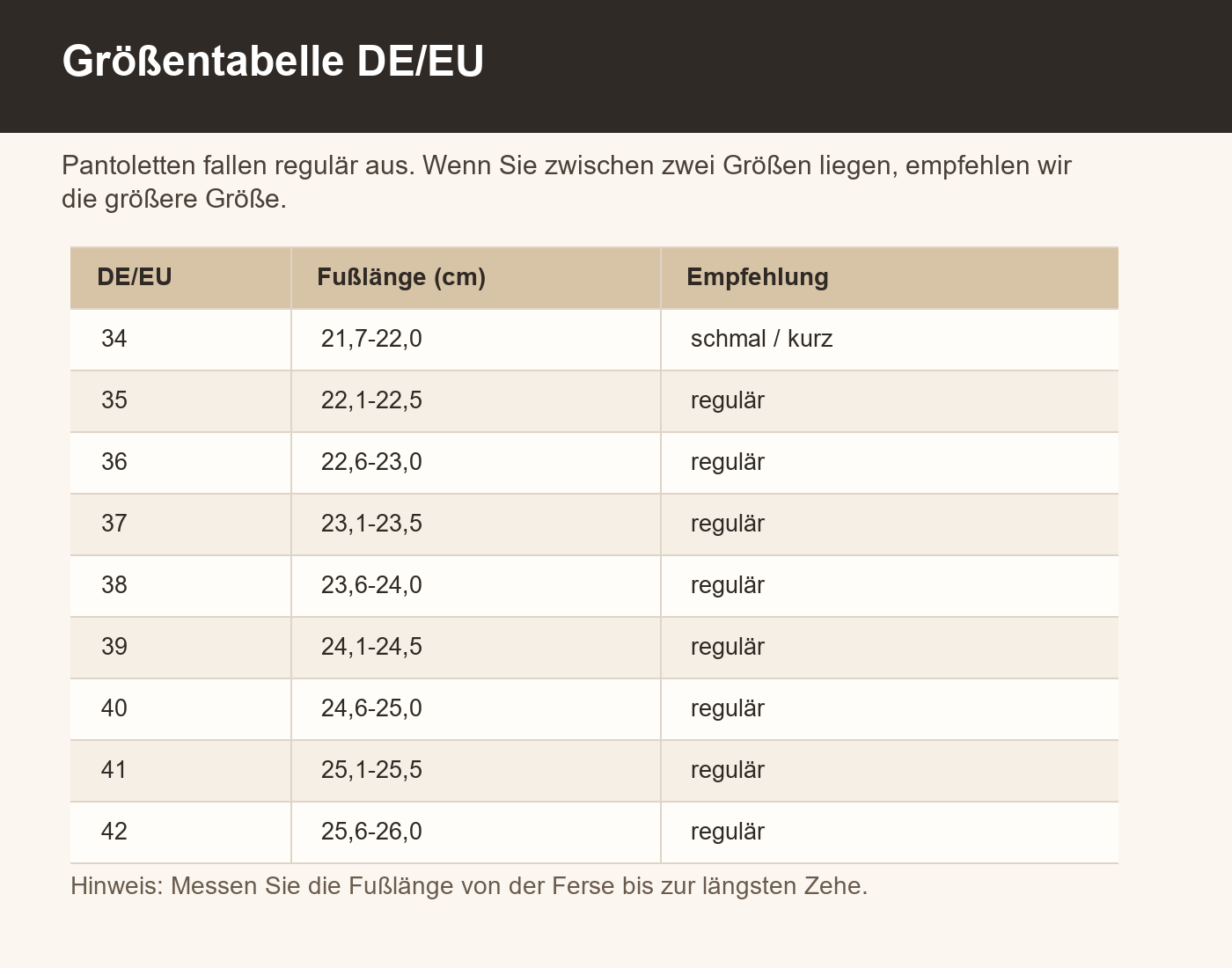 Größentabelle DE EU Pantoletten