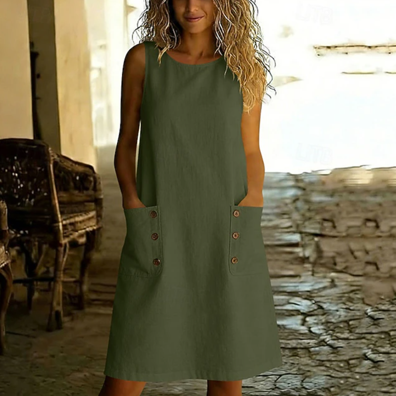 Ärmelloses Leinen-Minikleid mit Knöpfen und Tasche für Damen
