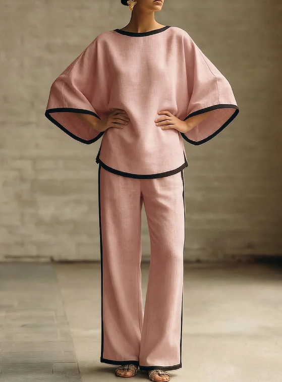 Elegantes zweiteiliges Set aus Baumwolle und Leinen mit Rundhalsausschnitt, lockeren Fledermausärmeln und lockerem Halsausschnitt für Damen.