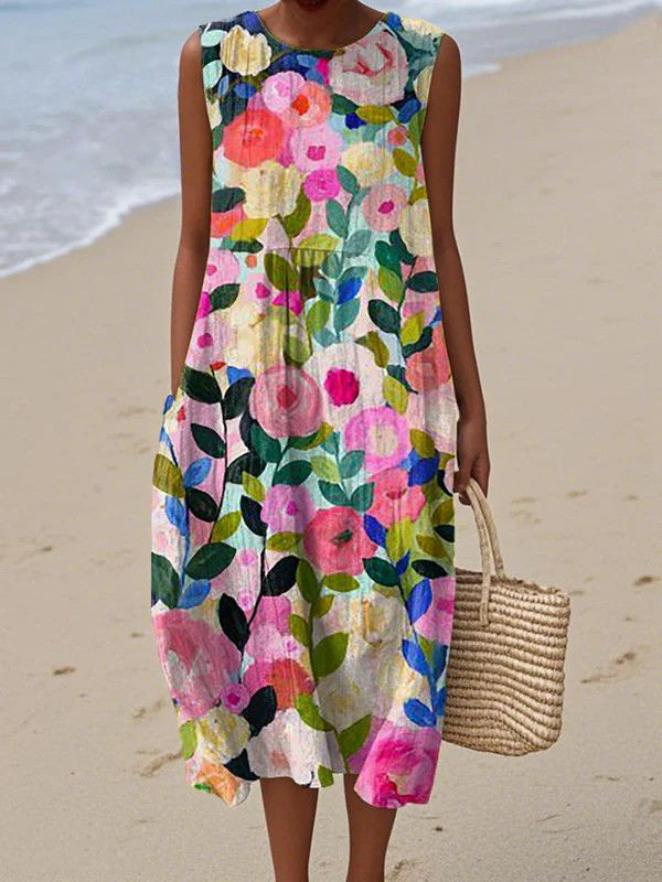 Damen Sommerkleid Ärmellos mit Blumenmuster – Lockeres Freizeitkleid mit Rundhalsausschnitt für Strand und Urlaub