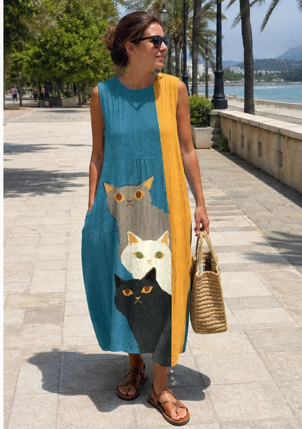 Türkis-gelbes Katzenkleid an der Promenade