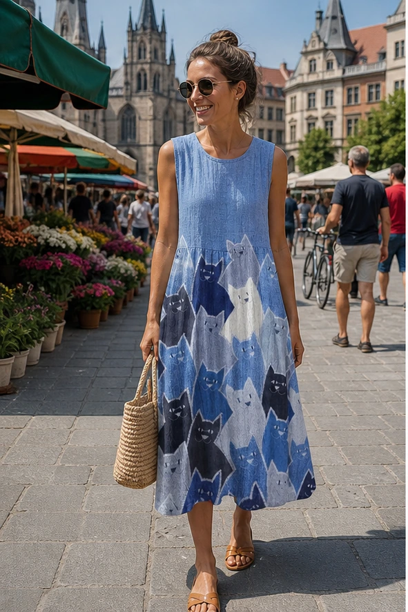 Blaues Katzenkleid auf dem Wochenmarkt
