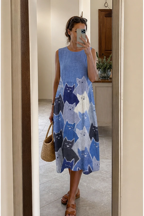 Blaues Katzenkleid beim Spiegel-Selfie