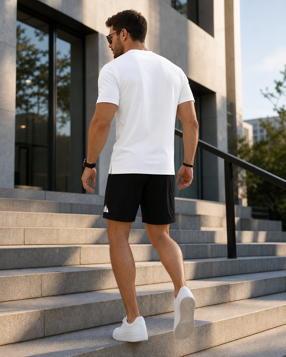 Rückansicht des weißen T-Shirts mit schwarzer Shorts