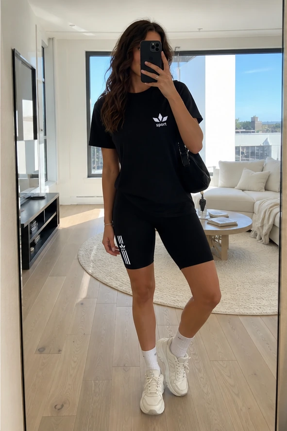 Schwarzes Damen Sport-Set beim Spiegel-Selfie