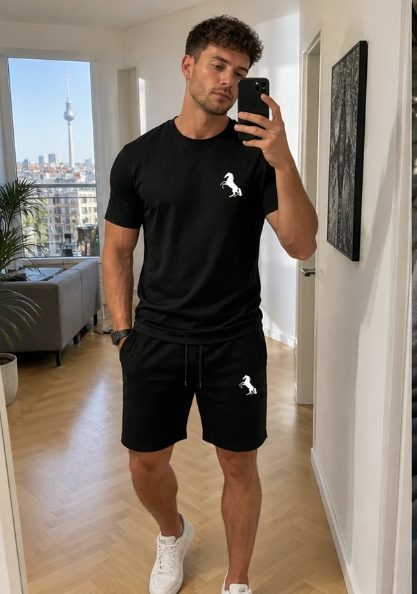 Schwarzes Herren Freizeit-Set beim Spiegel-Selfie