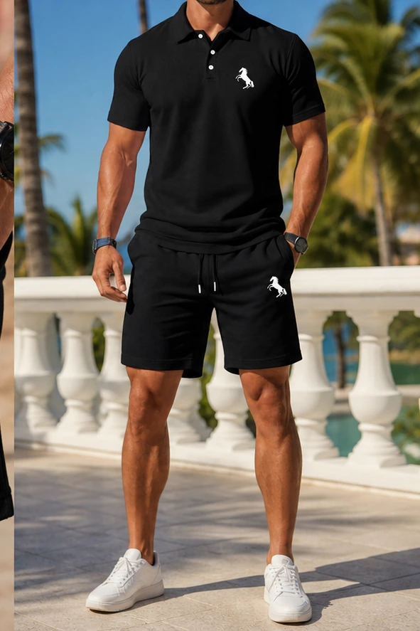 Schwarzes Herren Polo-Set auf der Terrasse