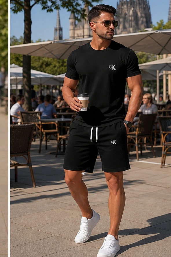 Schwarzes Herren Sommer-Set auf der Caféterrasse