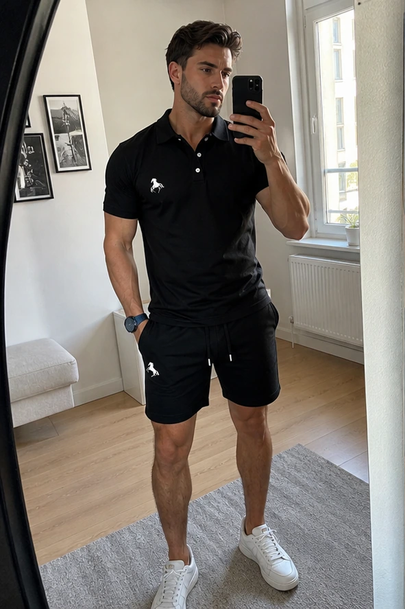 Schwarzes Herren Polo-Set beim Spiegel-Selfie