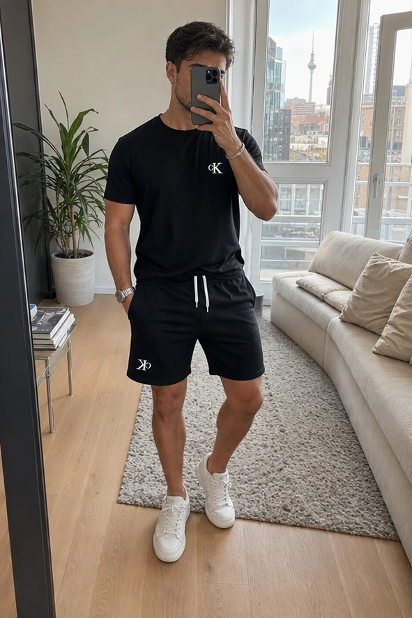 Schwarzes Herren Sommer-Set beim Spiegel-Selfie