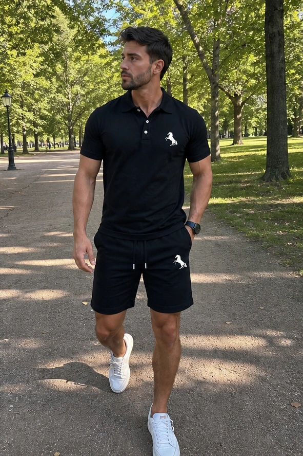 Schwarzes Herren Polo-Set beim Parkspaziergang