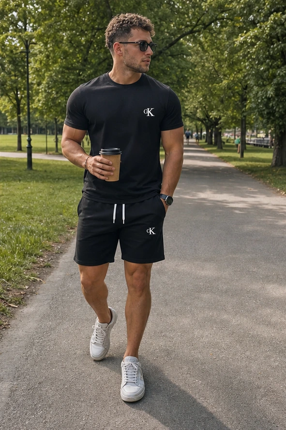 Schwarzes Herren Sommer-Set beim Parkspaziergang