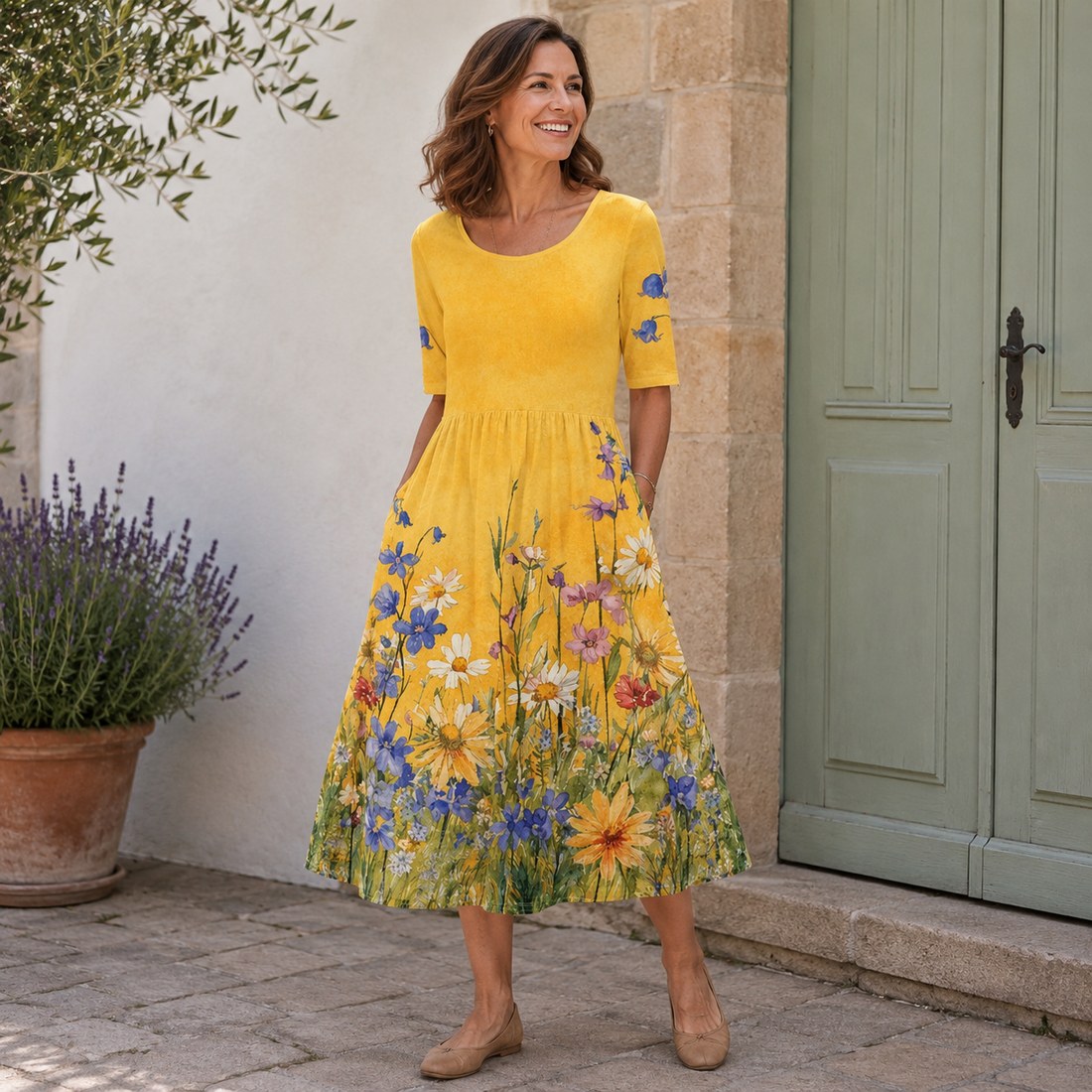 Gelbes Damen-Midikleid mit Blumenprint – Ganzkörperansicht