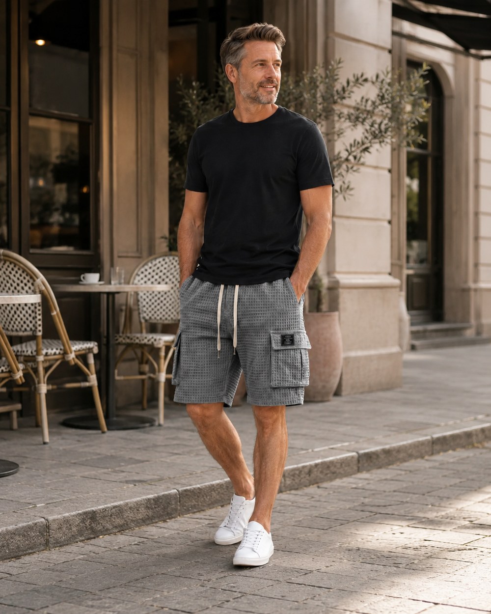 Alltagsszene mit grauen Cargo-Shorts