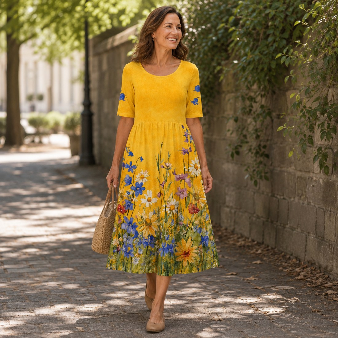 Alltagsszene mit gelbem Blumen-Midikleid