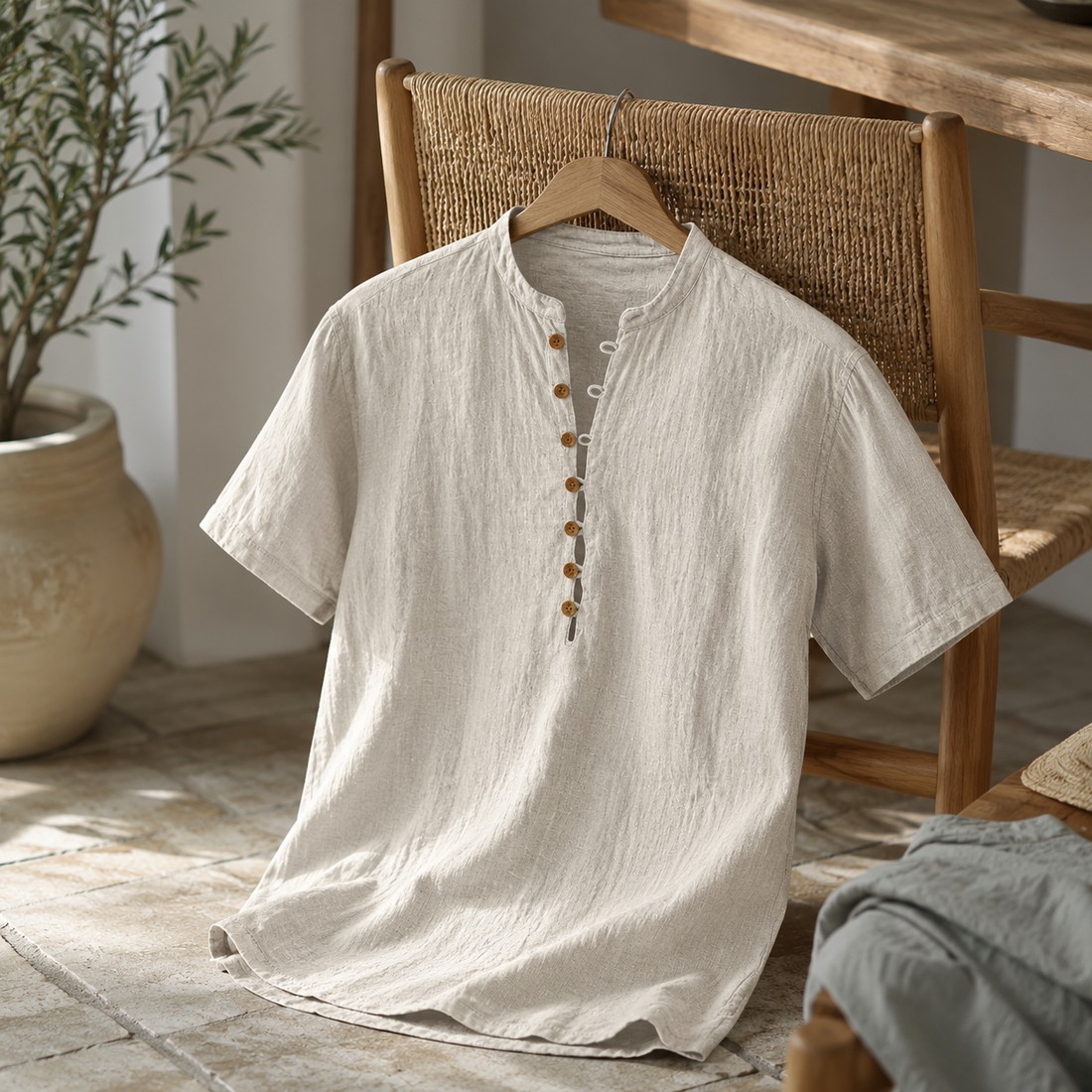 Beiges Kurzarm-Henley-Shirt in einer hellen Wohnszene
