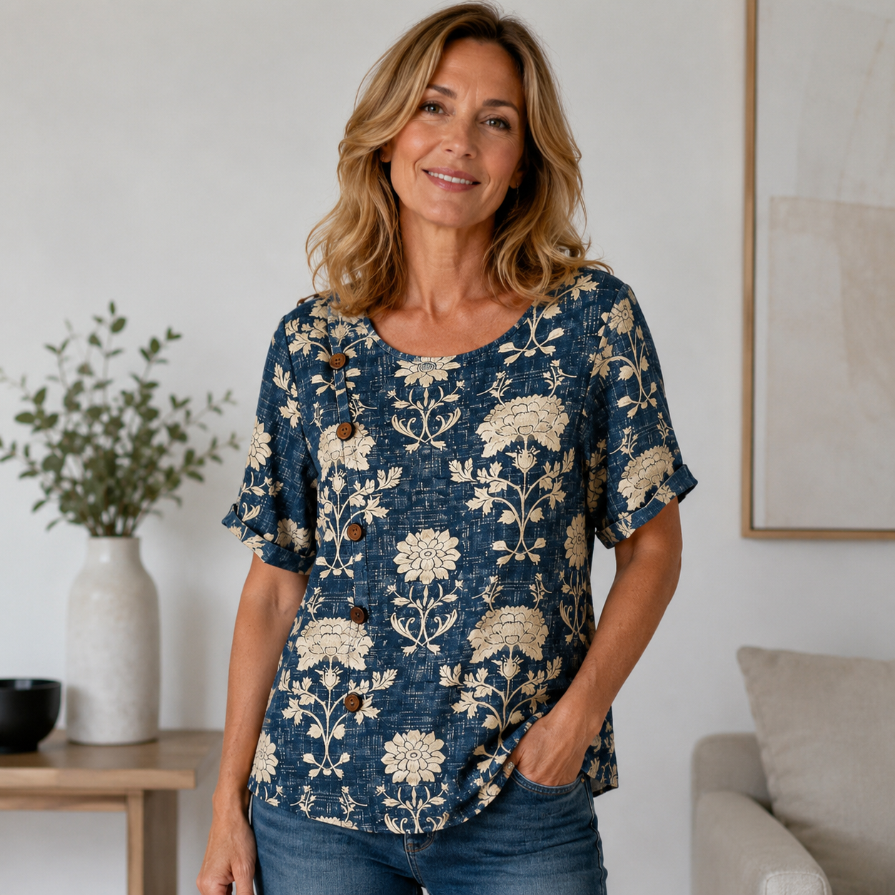 Dunkelblaue Bluse an einer Frau über 40