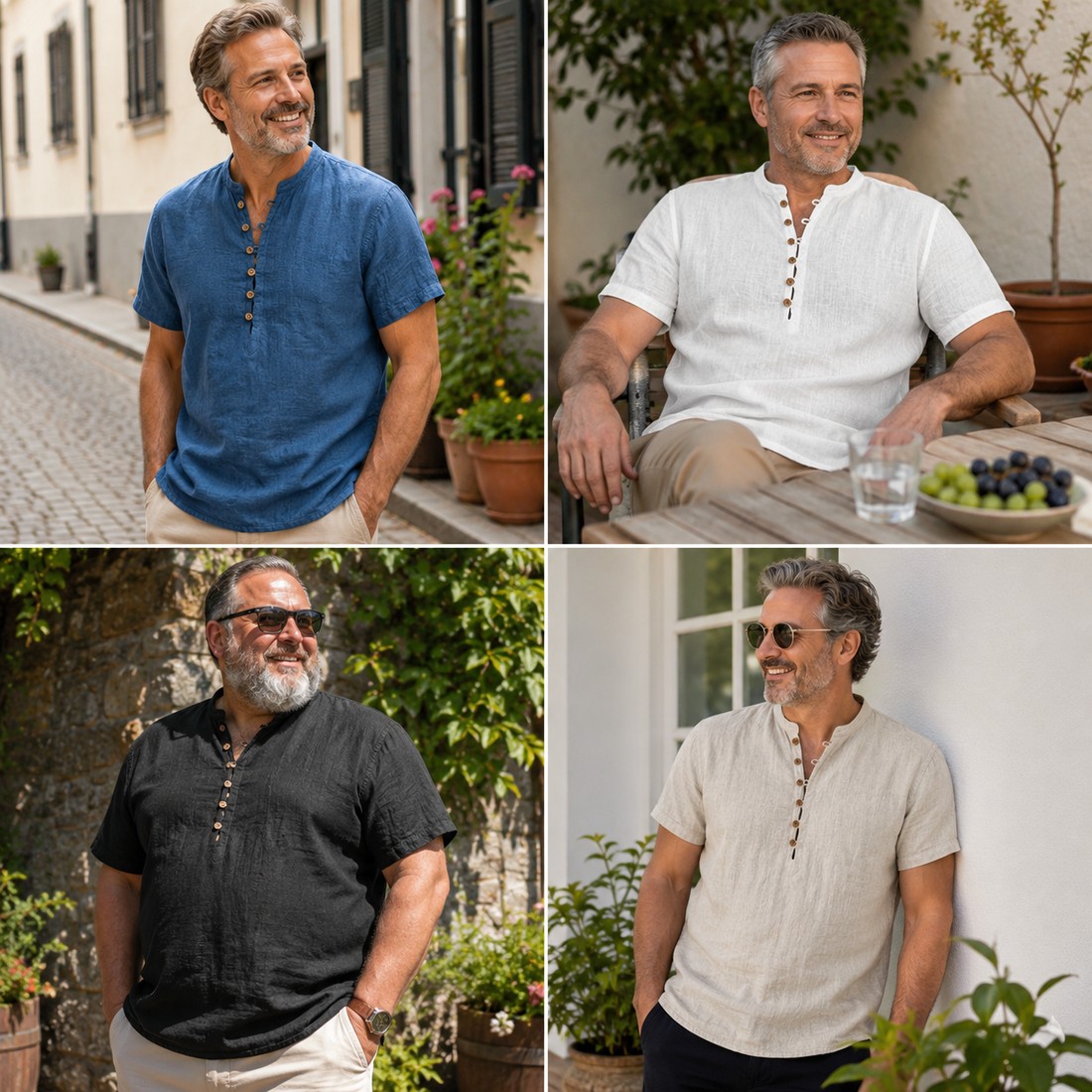 Vier M&auml;nner &uuml;ber 40 tragen verschiedene Farben des Kurzarm-Henley-Shirts