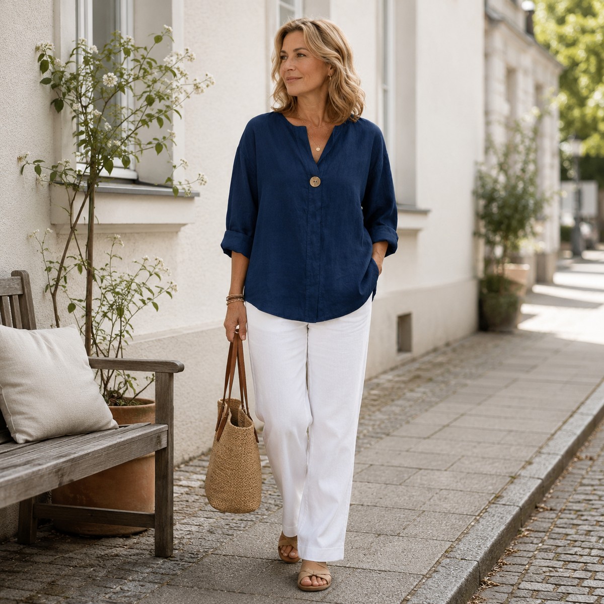 Damenbluse in Marineblau im Alltag