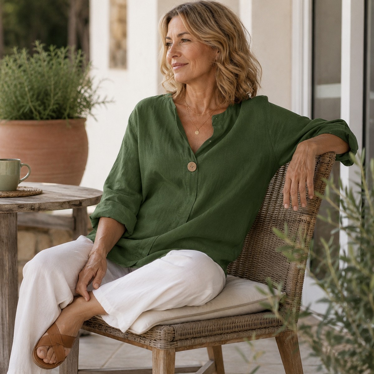Gr&uuml;ne Damenbluse auf einer Terrasse
