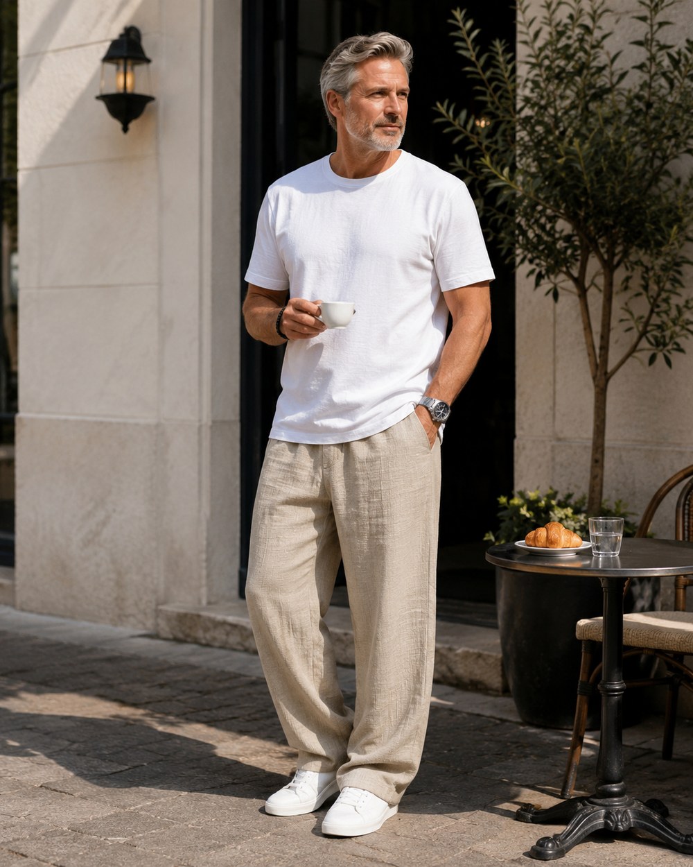 40 plus Herrenmodell mit beigefarbener Freizeithose am Caf&eacute;