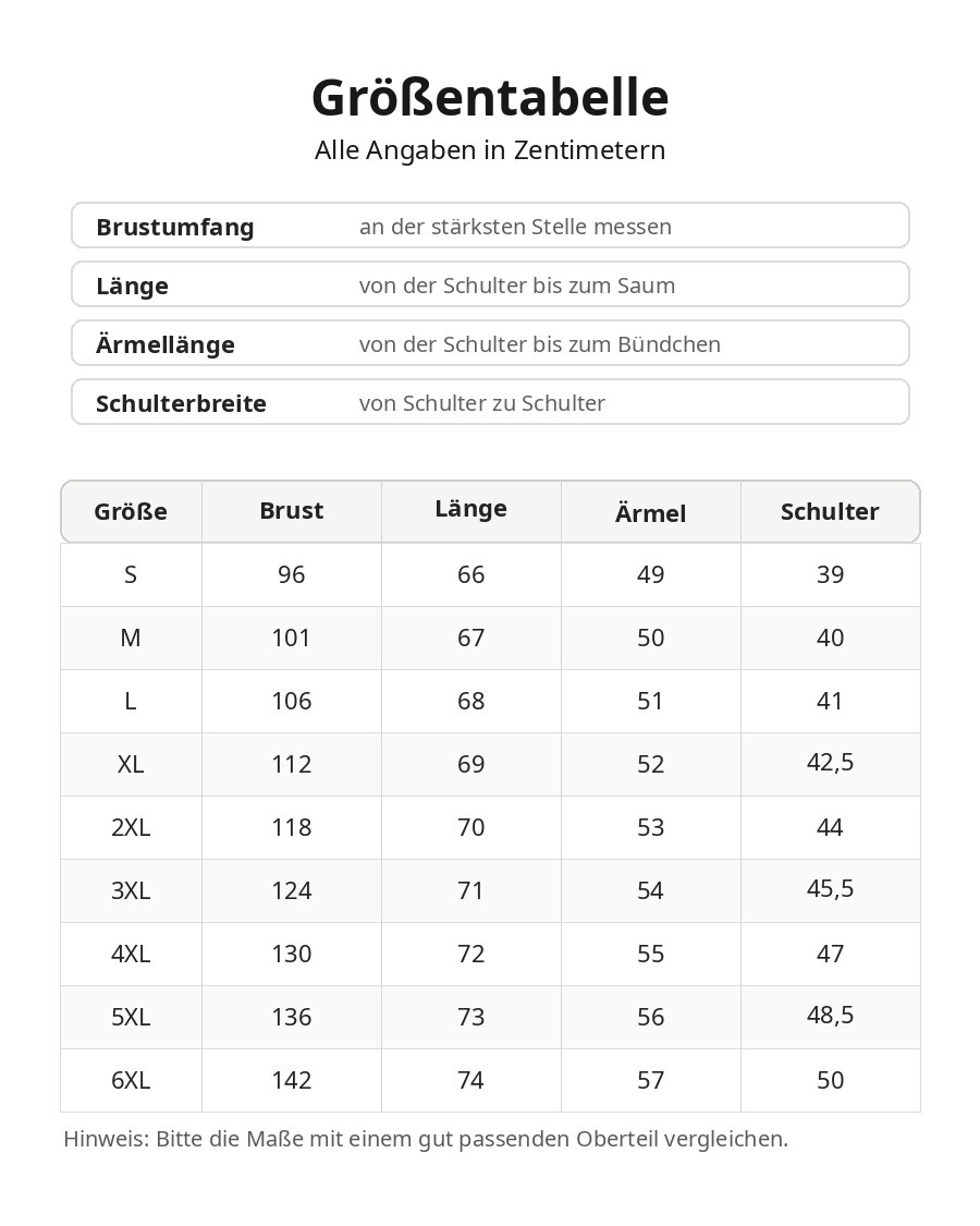 Größentabelle von S bis 6XL