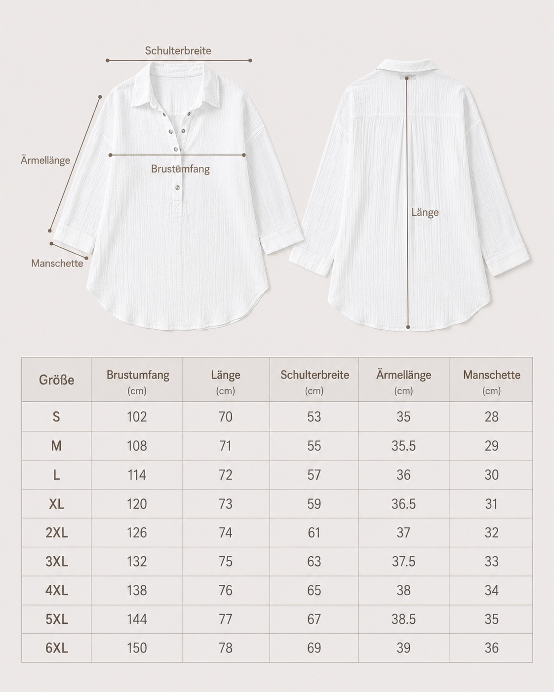 Größentabelle S bis 6XL