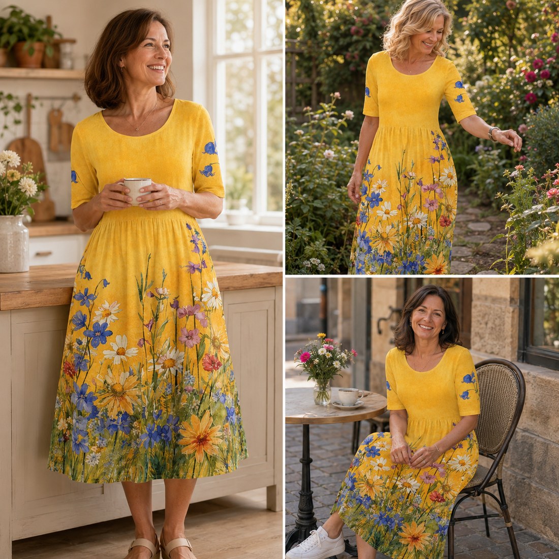 Drei Alltagsszenen mit dem gelben Blumen-Midikleid