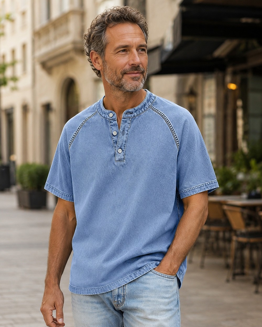 Herren Kurzarmshirt in hellblauer Vintage-Waschoptik