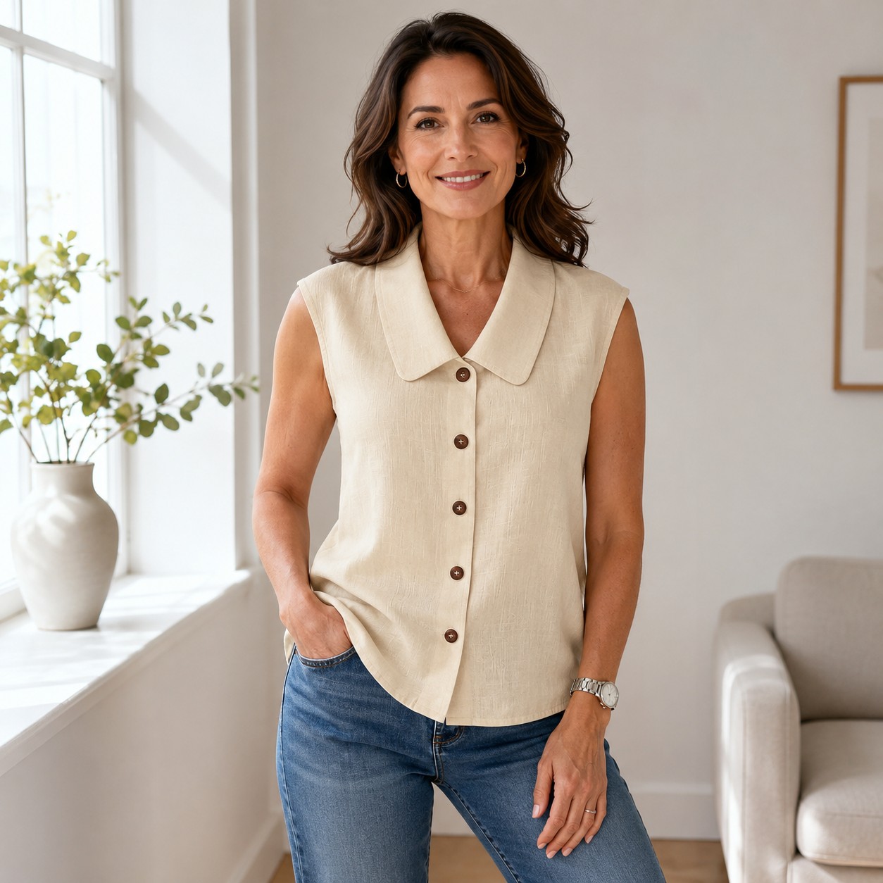 Beige &auml;rmellose Bluse an einer Frau &uuml;ber 40