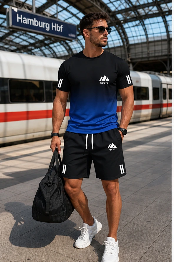 Blau verlaufendes Herren Sport-Set auf Reisen