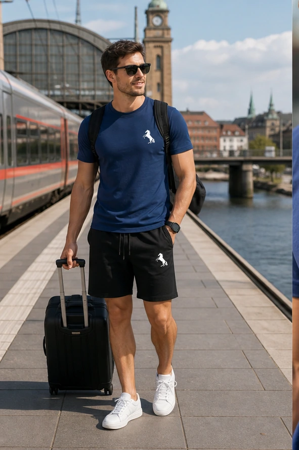 Blaues Herren Freizeit-Set auf Reisen