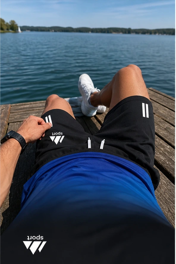 Blaues Sport-Set aus der Ich-Perspektive am See